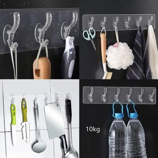 6 Hooks Transparent Self Adhesive Door Wall Hangers Hooks for Kitchen Bathroom