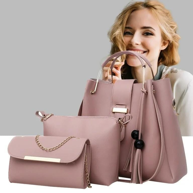 3 Pcs Women’s Leather Plain Hand Bag Set For Women Fashionable New Style Bags Shoulder Bag, Cross Body Bag & Hand Bag Set