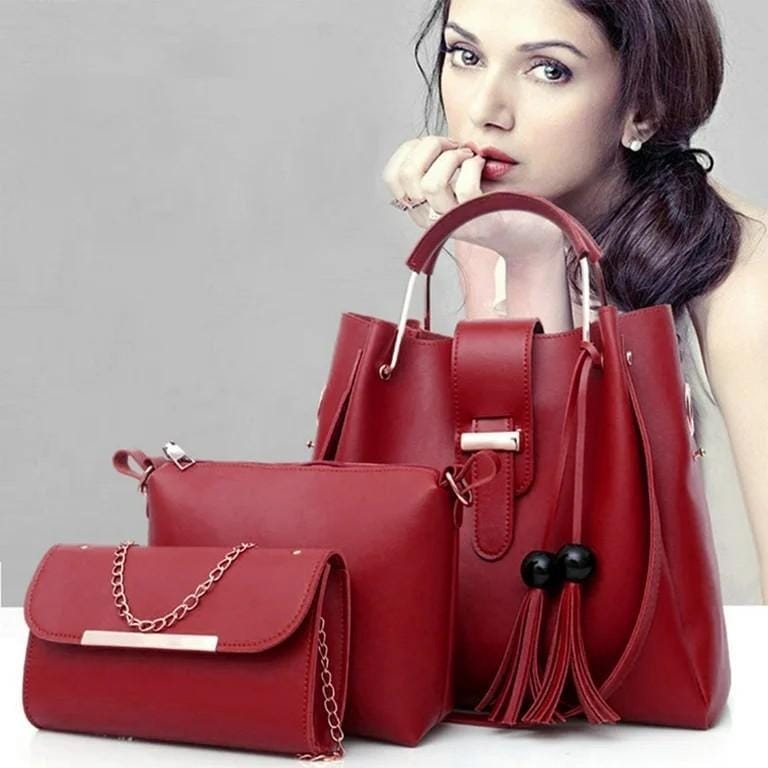 3 Pcs Women’s Leather Plain Hand Bag Set For Women Fashionable New Style Bags Shoulder Bag, Cross Body Bag & Hand Bag Set