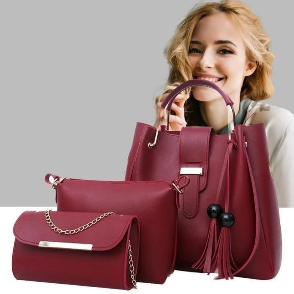 3 Pcs Women’s Leather Plain Hand Bag Set For Women Fashionable New Style Bags Shoulder Bag, Cross Body Bag & Hand Bag Set